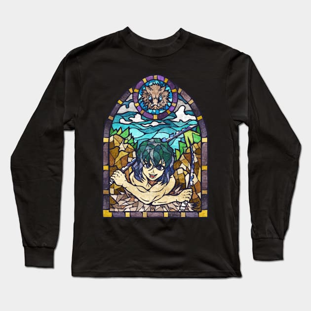 Anime Illustration Inosuke Demon Slayer Stained Glass Style Long Sleeve T-Shirt by scribble13